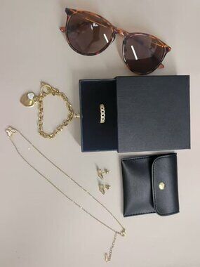 Gold Jewelry & Sunglasses Bundle | Butterfly Necklace Earrings Heart Bracelet
